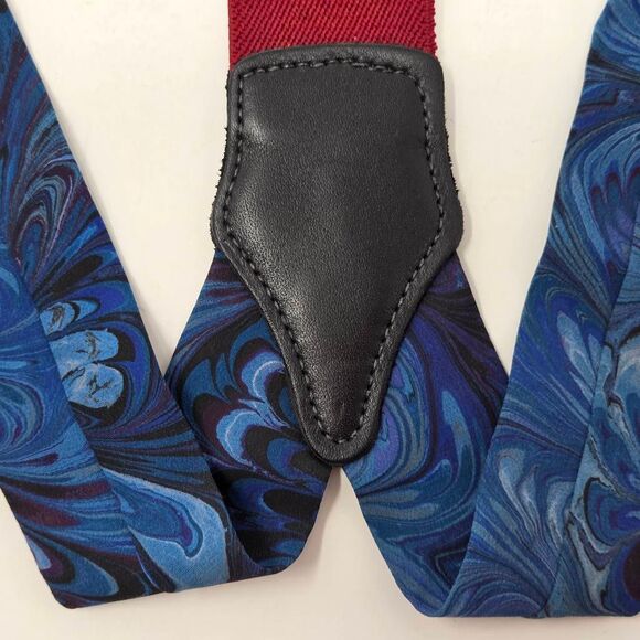 VINTAGE BLACK LEATHER BRASS MAROON MARBLED SILK ADJUSTABLE SUSPENDERS BRACES - Picture 3 of 4